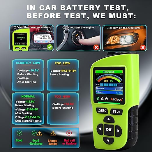 Acclope BT90 PRO 2-360Ah Battery Tester with Cloud Printing, 30-3800 CCA, 6V/12V/24V Digital Analyzer, SOH/SOC/Volt/Res/Cranking&Charging Test, Real‑Time Ambient Temp, AGM/EFB/Gel/Li