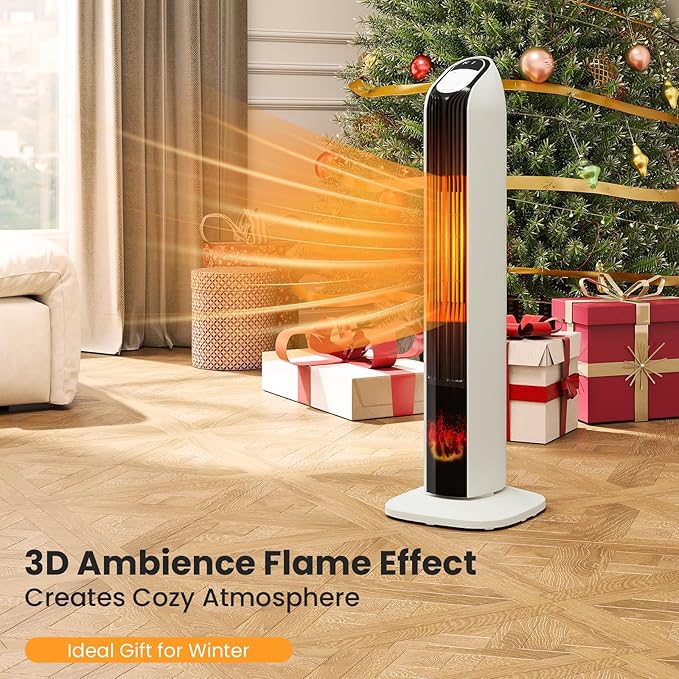 Zynkez 33" Space Heaters for Indoor Use Large Room, 1500W PTC Tower Fireplace Heater with 3D Flame, Room Heater w/Remote Control,12H Timer & Oscillation, Portable Electric Heaters for Bedroom, Beige