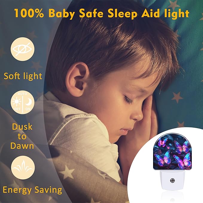 sndheke Glowing Purple Butterflies Night Light Plug into Wall, Neon Butterfly Dusk to Dawn Night Light Plug in,0.5w Energy Saving Sleep Friendly NightLight for Kids Boys Girls Home Decor
