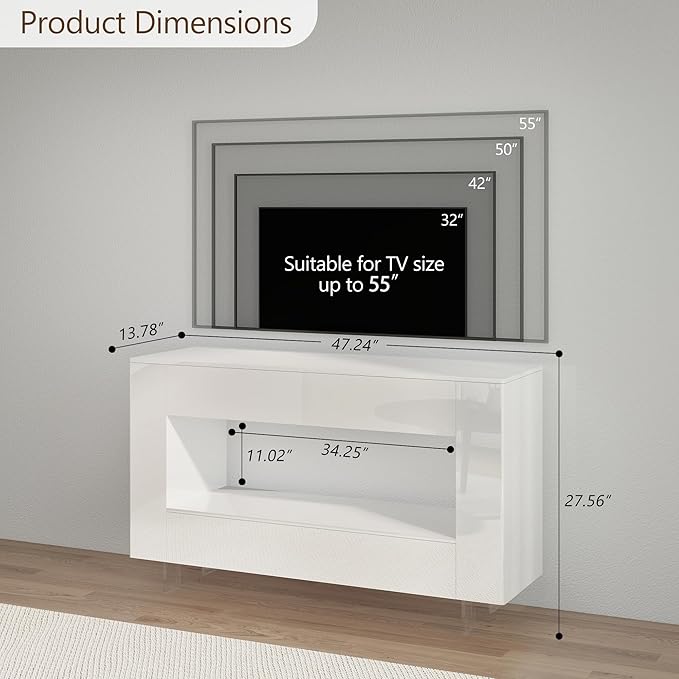 Vavkorkula High Gloss TV Stand for 55 Inch with 2 Large Drawers & Hidden Storage Cabinets, Modern Entertainment Center Television Stands for Living Room Bedroom, White