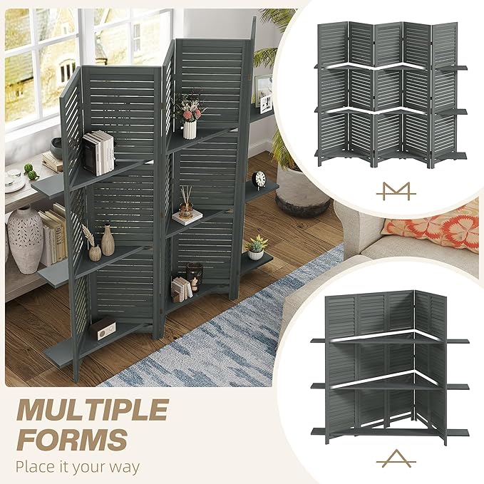 HOMCOM Room Divider, 5 Panel 67" Tall Wood Privacy Screen with 3 Display Shelves, and Folding Storage for Bedroom or Home Office, Gray