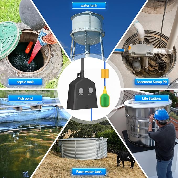 Sump Pump Alarm WiFi, Smart High/Low Water Level Alarm, Free App Notification & 120dB Alarm, Built-in Backup Battery, IPX4 Waterproof, with 10ft Float Switch for Basement Sump, Water Tank, Septic Tank