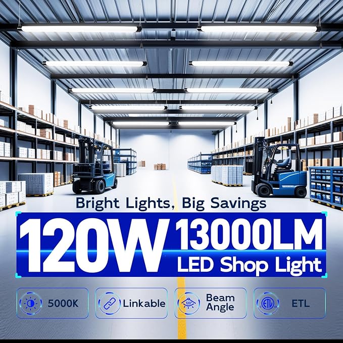 hykolity 4FT 120W LED Shop Light Linkable, 13000lm(400w Equivalent), 5000K Utility Shop Lights for Garages, Workshops, Basements, Hanging or FlushMount, with Power Cord and Pull Chain, ETL, Black