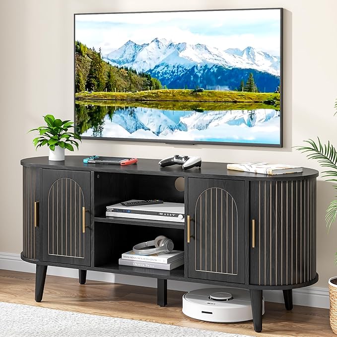 51" Fluted TV Stand, Mid-Century Modern Entertainment Center for Tvs up to 60" with Drawers and Fluted Doors, Curved TV Media Console Table with Sliding Doors for Living Room, Bedroom (51" Black)