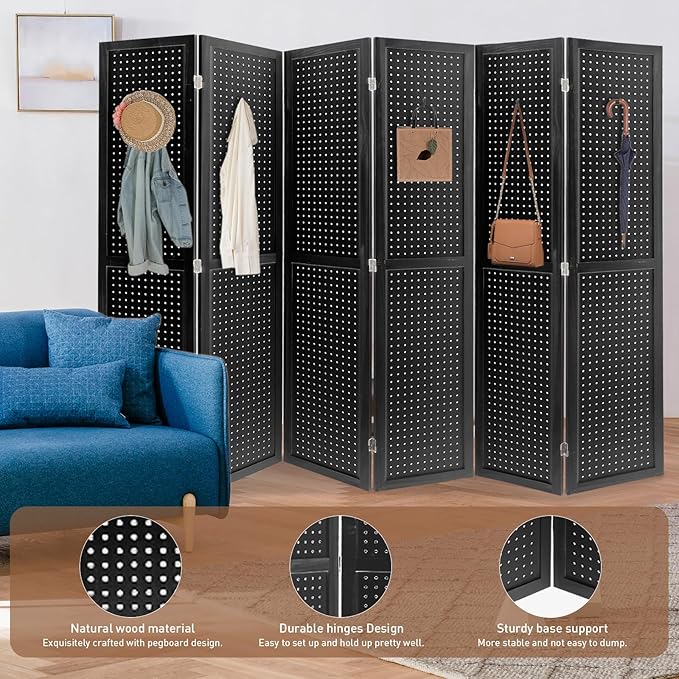 ECOMEX 6 Panel Room Divider, 5.6Ft Pegboard Display Wooden Room Divider Folding Privacy Screen Room Divider Freestanding Peg Board Display for Trade Show Craft Show Home Wall Organizer, Classic Black