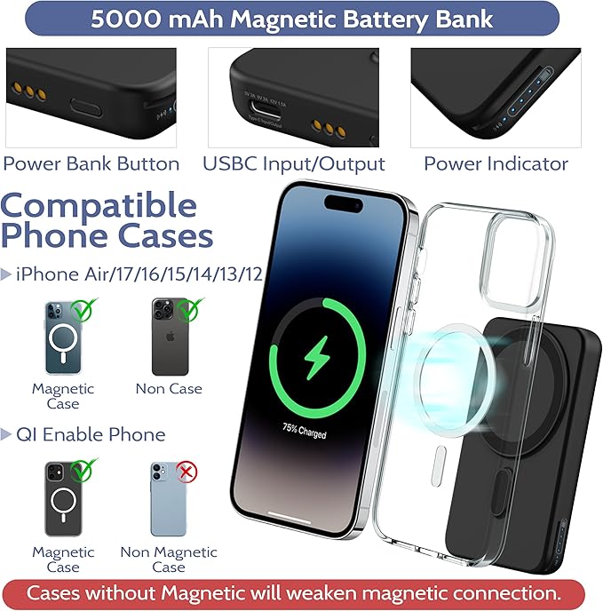 Smtcsl 3-in-1 Wireless Charging Station: Portable 5000mAh Power Bank Charger Compatible for Phone Air/17/16/15/14/13/12 Series and Watch - Detachable Magnetic Charging Stand Black