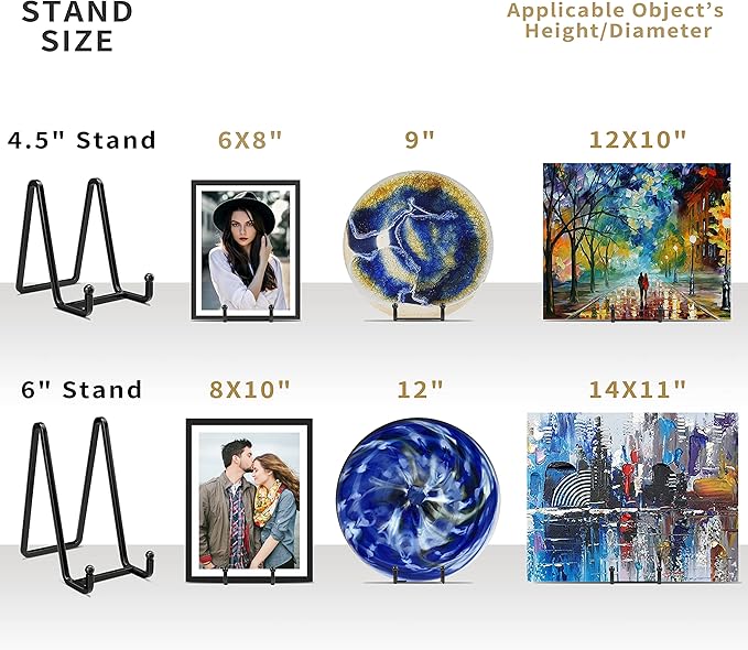 IPAME 4 Pack Plate Stands for Display - 6 Inch Metal Square Wire Plate Holder Display Stand + Picture Frame Stand Holder Easel for Book, Decorative Plate, Plaque, Photo, Platter (Black)