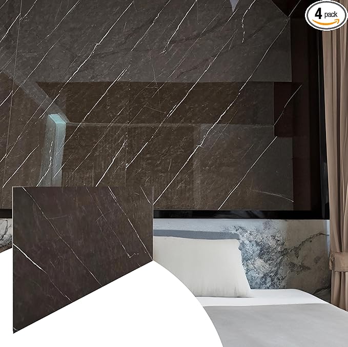 Dundee Deco Faux Marble Wall Panels - 2 ft X 4 ft - Glossy, Waterproof Indoor Wall Cladding - Chocolate Brown, White Veins - Set of 4 - Covers 31 sq ft