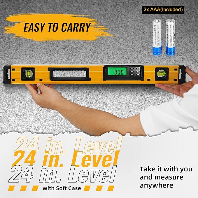 24 Inch Smart Digital Level, LCD Screen Magnetic Electronic Level Tool with Batteries & Case, IP54 Dust and Waterproof Digital Torpedo Level & Protractor, 24" Precision Slope Leveler Measurement Tool