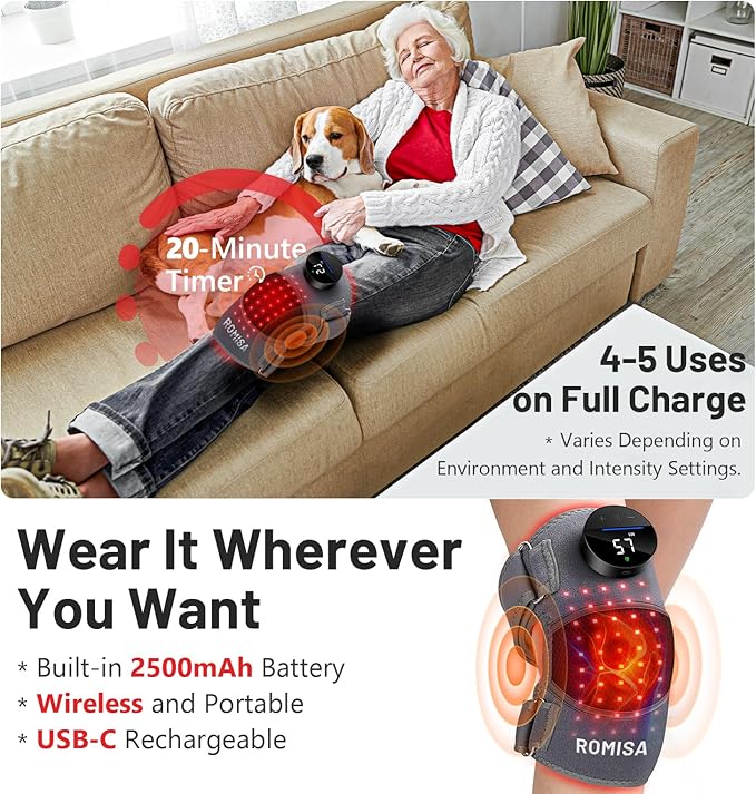 Red Light Therapy Knee Brace &Vibration Knee Massage, 660nm & 850nm Rechargeable Near Infrared Light Therapy Device for Knee/Elbow/Shoulder for Cordless Use, Gray.