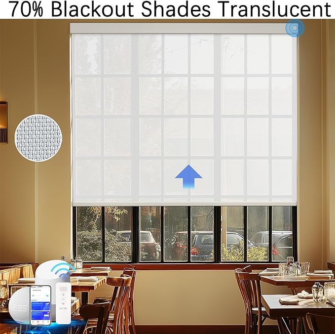 COOLWINDS Motorized Blinds with Remote Cordless Automatic Motorized Shades Custom Blinds for Windows Smart Curtains Compatible with Alexa Google Home(3% Solar White,W33 x H72in)