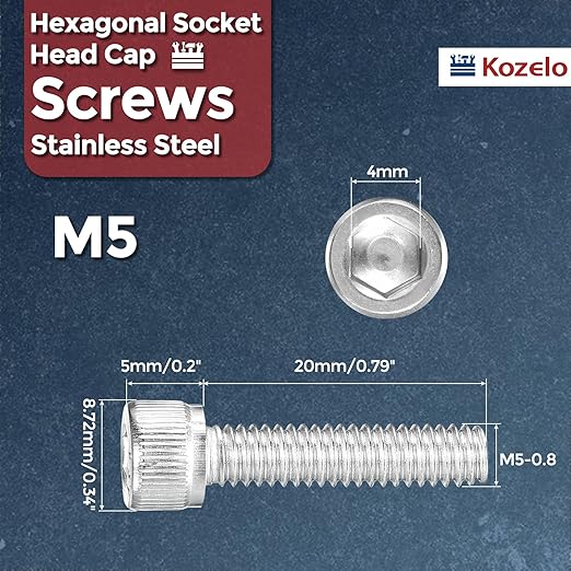 Kozelo 30pcs Socket Head Cap Screws - [M5-0.8 x 20mm] 304 Stainless Steel Allen Socket Drive for Electrical Motor 3D Printing Fan Engine Replacement Use, Silver