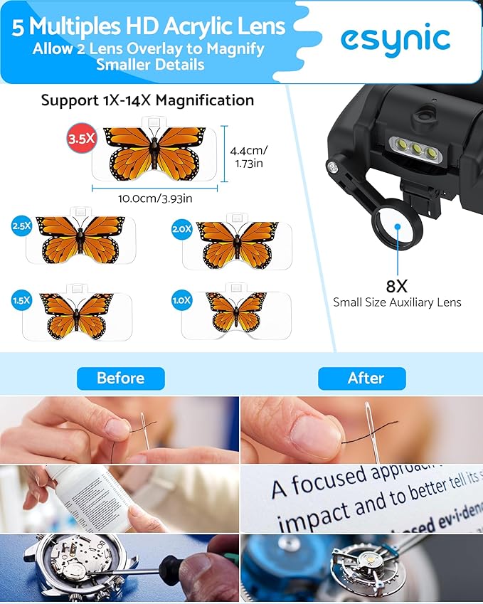 eSynic Type-C Rechargeable Magnifying Glasses Headset-Up to 14X Magnification-5 Interchangeable Lens-3 LED Lights -2 Adjustable Brightness Levels-Comfort & Fit Headband Magnifier for Crafts/Reading