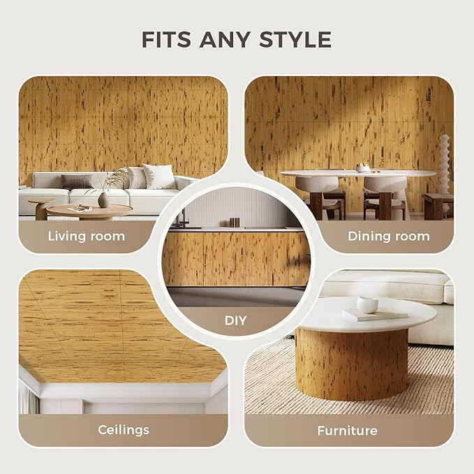 OUZUGIE 2 Pack 96x24 Inch Natural Bamboo Wall Panel – Yellow Burned Pole Wrap Paneling for Walls, Ceilings, Cabinets, Furniture – Ideal for Bedroom, Living Room & Office DIY Decor