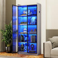 Dystler 65" Tall Display Cabinet with Doors, Lighted Bookcase with Lights/Human Sensor, 5 Tier Display Case with Adjustable Shelves for Collectibles Bedroom Living Room Office, Grey-Smoked Black Door