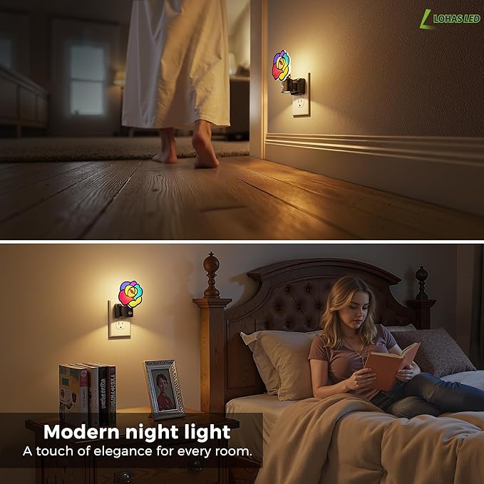 L LOHAS LED Night Lights Plug into Wall, Night Light with Light Sensor, 3000K Soft White, 0-100LM Brightness Adjustable, Acrylic Rose Nightlight for Bathroom Bedroom Hallway[2 Pack]