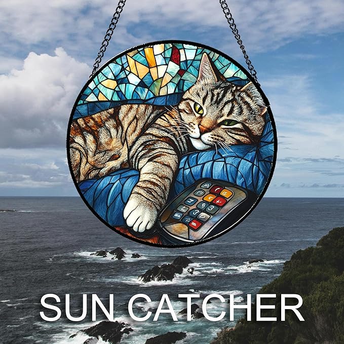 DASTOLL Stained Glass Window Hanging Gray Cat and Remote Control 9.8" - Suncatcher Door Garden Kitchen Sun Catcher Home Decor Birthday for Lost Pets Mom Men Woman Friend Grandma