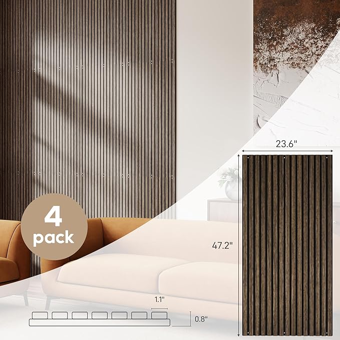 HOMCOM 4 Pack 3D Acoustic Panels, 47" x 24" Soundproof Wood Panels for Wall, Wood Slat Wall Paneling for Interior Ceiling, Office, Home Theater, Studio, Walnut
