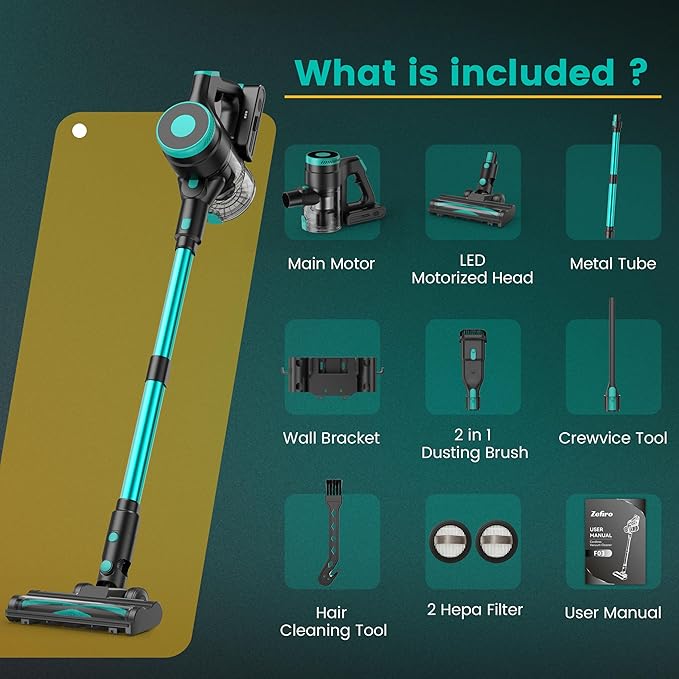 Zefiro 350W Cordless Vacuum Cleaner,45Mins Runtime Vacuum Cleaners for Home, Anti-Tangle and 1.5L Dust Cup, 6 in 1 Lightweight Vacuum for Hardwood Floor Carpet Pet Hair