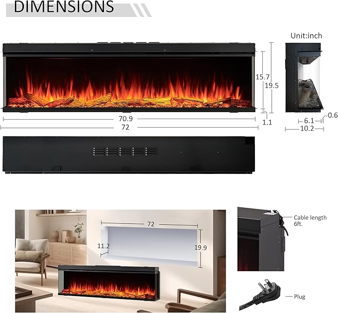 LegendFlame 71" W Smart Build in Electric Fireplace Insert, 1-2-3 Sided View, Heater 750W/1500W, Multi Colors of Flame & Fuel Bed, Alexa/Google Assistant Enabled