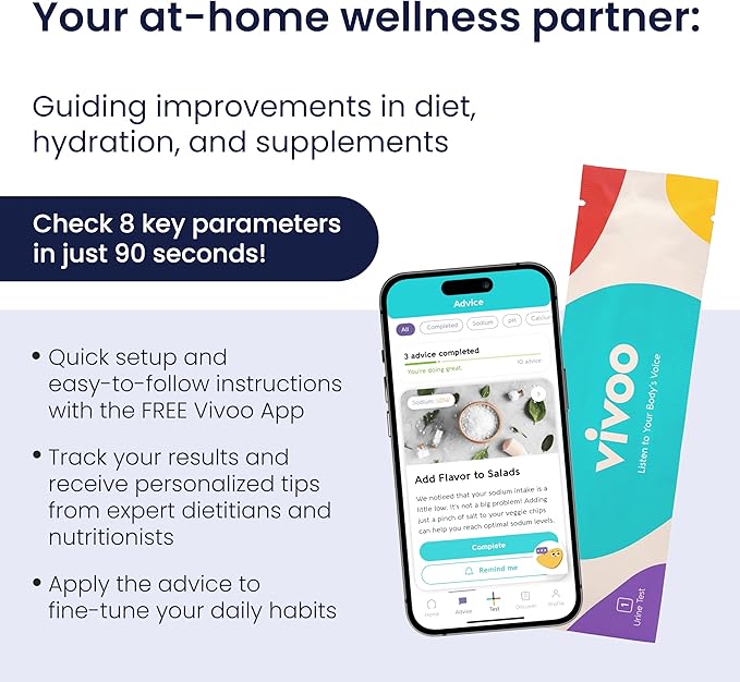 Vivoo Urine Test Strips for at-Home Wellness: 8-in-1 Advanced Urine Test for Ketones, pH, Hydration, Calcium, Vitamin C & More | Fast Results in 90 Seconds | Free App & Personalized Insights