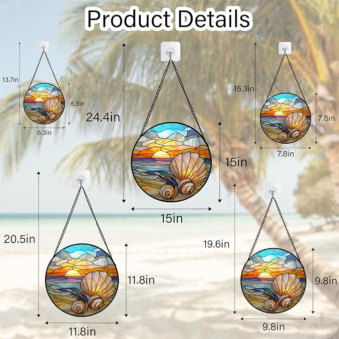 AMDERVEN Stained Glass Window Hanging - Colorful Beach Shells Conch Sun Catcher for Door Home Decor Ocean Suncatcher Christmas Mother's Day Birthday Sea Lover Gifts for Women Men Mom Nana 15 in