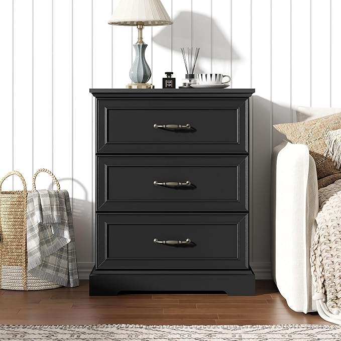 Nightstand Set of 2,24" Wide End Table with 3 Large Drawers & Metal Handles,Rustic Farmhouse Wood Small Dresser,Bedside Table,Modern Chest of Drawers for Bedroom,Living Room,Black
