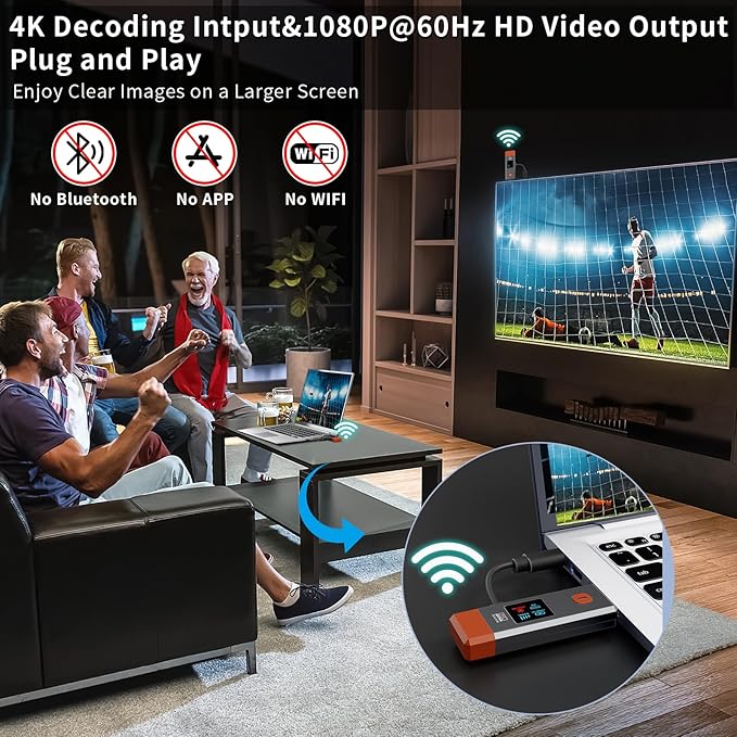 Wireless HDMI Transmitter and Receiver 328ft/100m Extender 4K Decode Input 1080P Output Plug&Play Portable 2.4G/5.8G for Video and Audio to Monitor from PC/Projector/TV Box,with LED Display