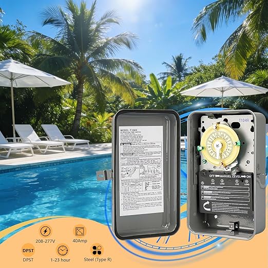 T104R 24-Hour Mechanical Time Switch, 208-277V, 40A, DPST, NEMA 3R Outdoor Steel Enclosure, Gray – Heavy Duty Timer for Pool Pumps, Heaters, and Industrial Motors