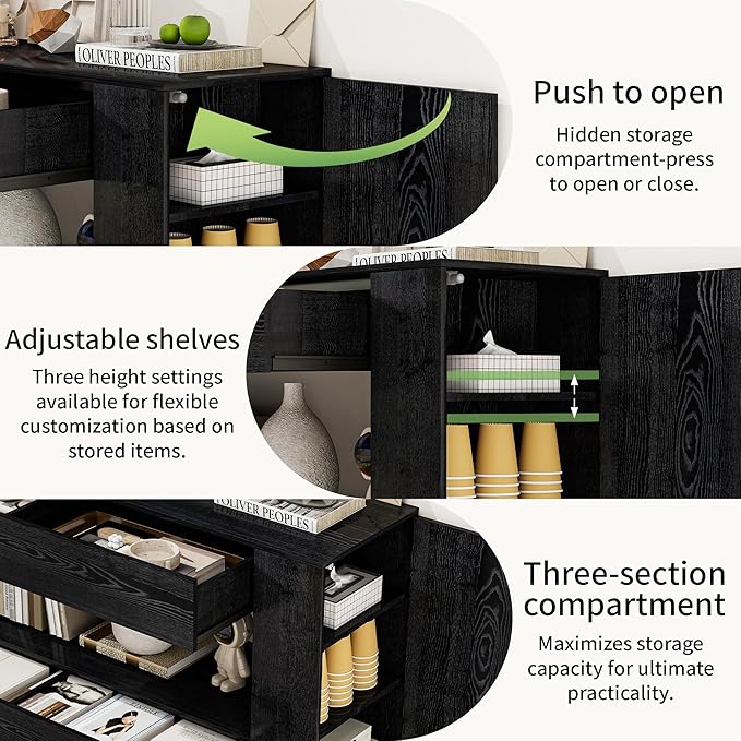 Vavkorkula TV Stand for 55 Inch with 2 Large Drawers & Hidden Storage Cabinets, Modern Farmhouse Entertainment Center Television Stands for Living Room Bedroom, Black