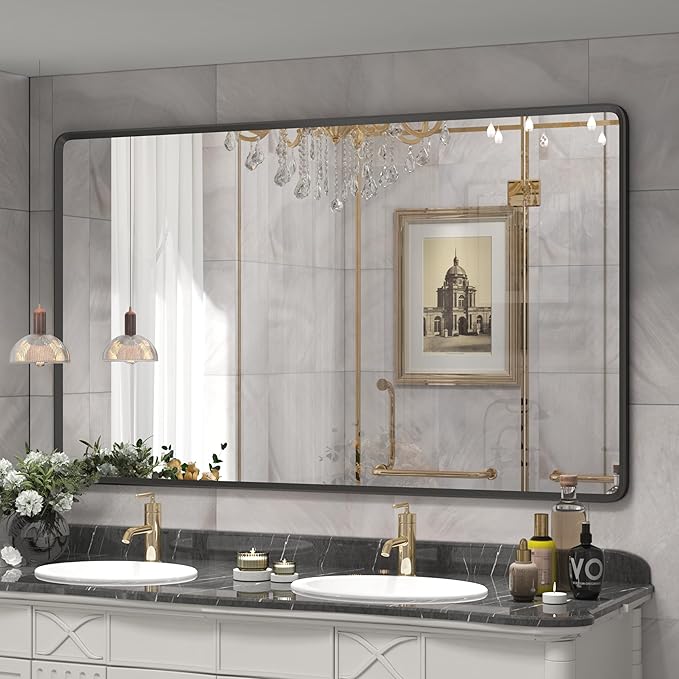 66x40 Inch Black Matte Framed Mirror for Bathroom, Rounded Rectangle Mirror, Bathroom Vanity Mirror for Wall, Anti-Rust, Shatterproof (Horizontal/Vertical)
