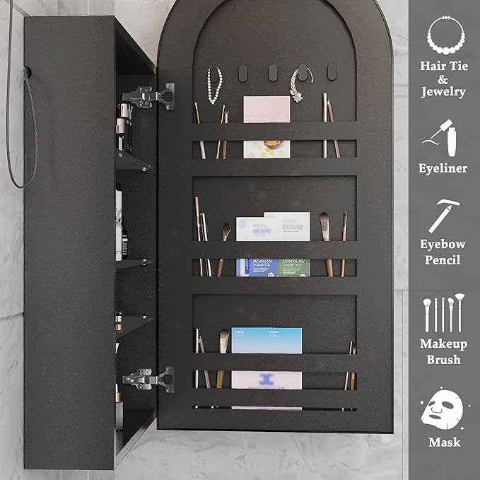 16x 32 inch Bathroom Cabinet with Mirror,Black Arched Medicine Cabinet with Outlets,Vanity Mirror with Storage,Metal Framed Wall Mounted Medicine Cabinet with Adjustable Shelf
