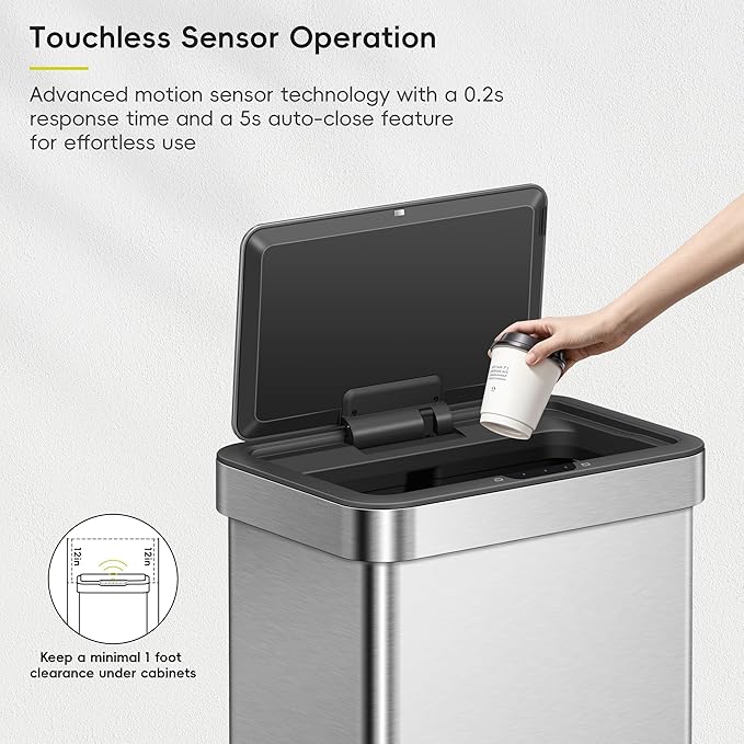 EKO EcoNova 13.2 Gallon/ 50L Automatic Sensor Kitchen Trash Can, Stainless Steel Touchless Garbage Bin with Soft-Close &Stay-Open Lid, Fingerprint-Resistant