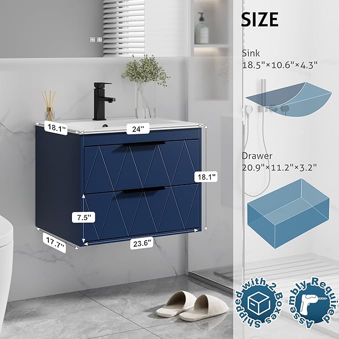 eclife 24" Bathroom Vanities Cabinet with Sink Combo, Wall Mounted Floating Cabinet W/Decor Line, Soft-Close System, 2 Extra Big Drawers, Matte Black Faucet, Navy Blue