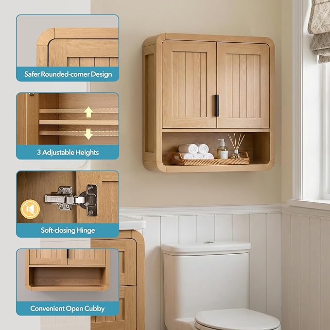 Modern Farmhouse Bathroom Wall Cabinet, Oak Finish Medicine Cabinet with Soft-Close Doors, Wall Mounted Storage Organizer with Rounded Edges for Kitchen, Laundry Room, Entryway
