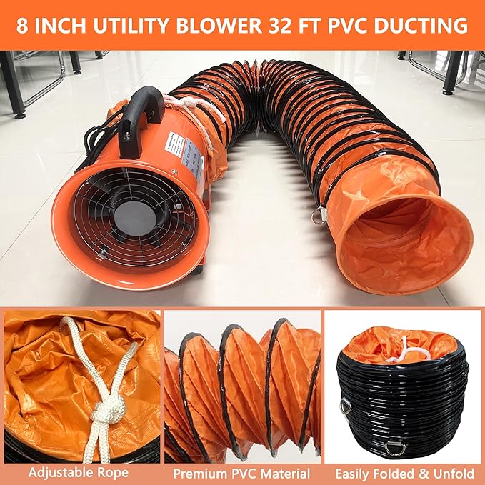 FICBXRA Utility Blower Fan 8 Inch Portable Axial Exhaust Fan 230W/2A 900CFM High Velocity Ventilator with 32FT Duct Hose for Exhausting & Ventilating at Home and Job Site