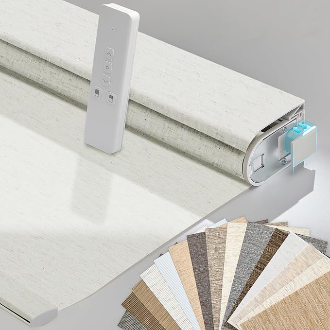 Persilux Smart Motorized Blinds with Remote, No Drill Automatic Roller Shades for Indoor Windows, Light Filtering Linen Fabric, Electric Blinds for Windows, Texture Cream 1703, Custom Size
