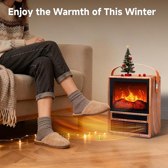 FLAME&SHADE Portable Electric Fireplace Heater for Indoor Use, Fire Place Heaters with 3D LED Flame, Overheat and Tilt Protection, Space Heater Small Fireplace for Home Office Decoration, Oak