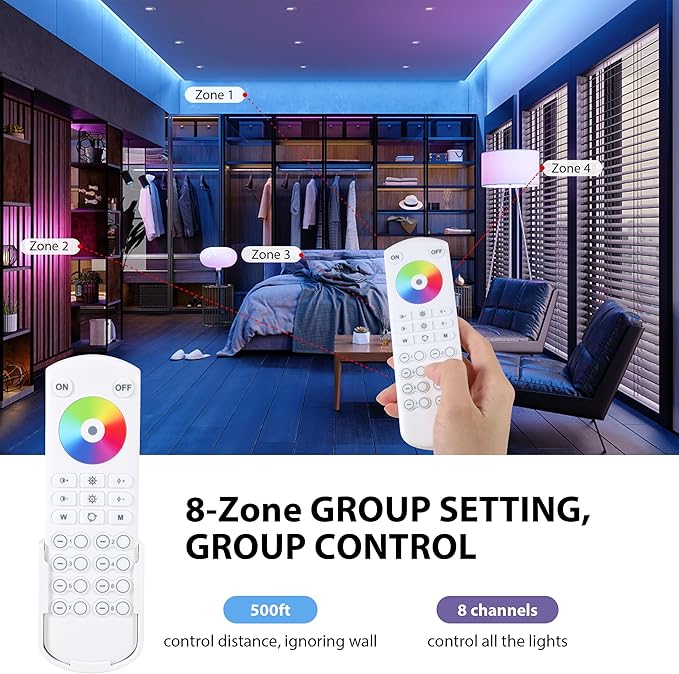 XXK RC05RF RF Remoter, 8-Zone 2.4G Handheld Remote Control Work with RGBCCT RGBW CCT RGB LED Controller (WB5/LM052/LM053), 500ft Wireless Control / 4 Channel Group Control for Home LED Strip Lights