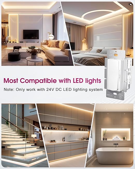 Dimmer Light Switch & 24V 96W Dimmable LED Driver 2 in 1, 2PK Single-Pole or 3-Way Slide Dimmer Switches for Led Strip Lights,120VAC to 24VDC Power Supply for Low Voltage Project, UL Listed