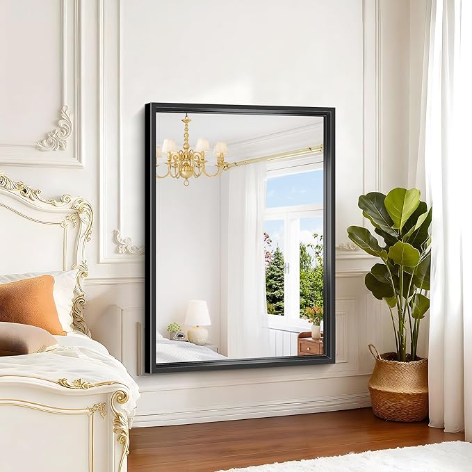 Black Bathroom Mirror, 36x48 Inch Large Rectangle Mirror, 0.6" Thickened Deep Frame Mirrors for Wall Over Sink, Brushed, Shatterproof Tempered Glass, Antirust, Horizontally or Vertically