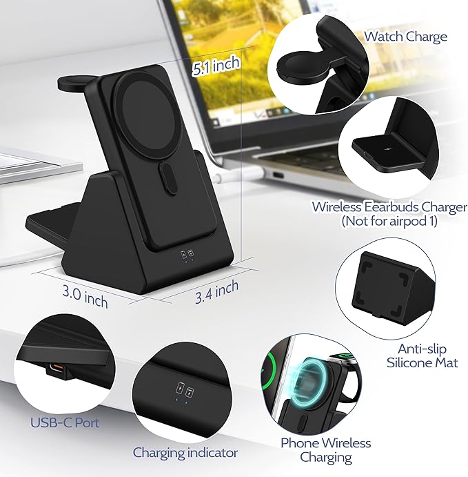 Smtcsl 3-in-1 Wireless Charging Station: Portable 10000mAh Power Bank Charger Compatible for Phone Air/17/16/15/14/13/12 Series and Watch - Detachable Magnetic Charging Stand Black