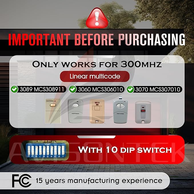 2 for Multi-Code 3089 308911 Linear MultiCode MCS308911, 10 Dip Switch Gate Opener Remote 300MHZ, Multi Code Garage Door Opener【10-Year-Warranty】