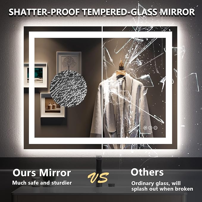 YEELAIT 40x32 Inch LED Bathroom Mirror with Lights Front and Backlit Lighted Vanity Mirror for Bathroom Wall with 3 Colors Dimmable Anti-Fog Memory Shatter-Proof IP54 Waterproof Horizontal/Vertical