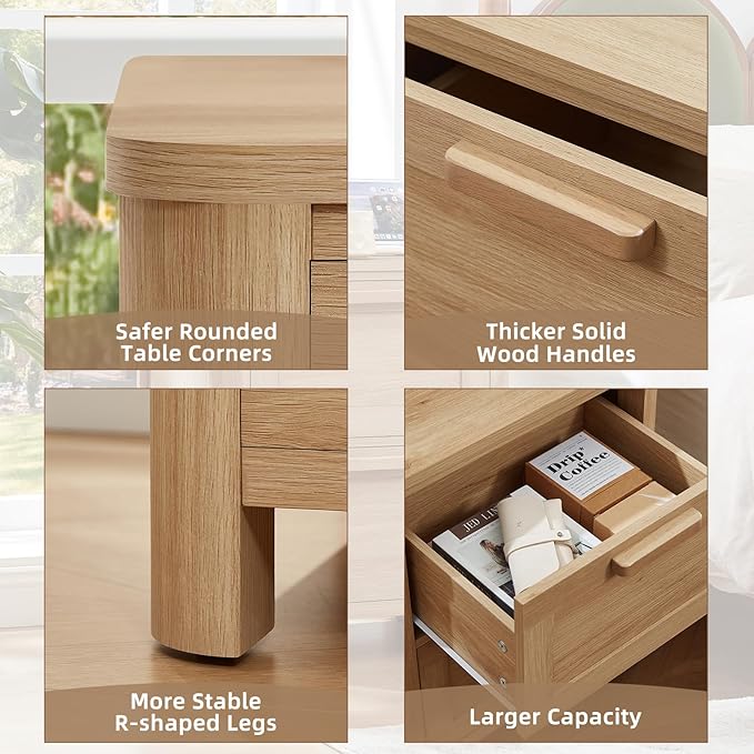 Joaxswe Farmhouse Nightstand with Charging Station, End Tables Bedroom with 2 Large Drawers & 4 Thickened Table Legs, Natural Wood
