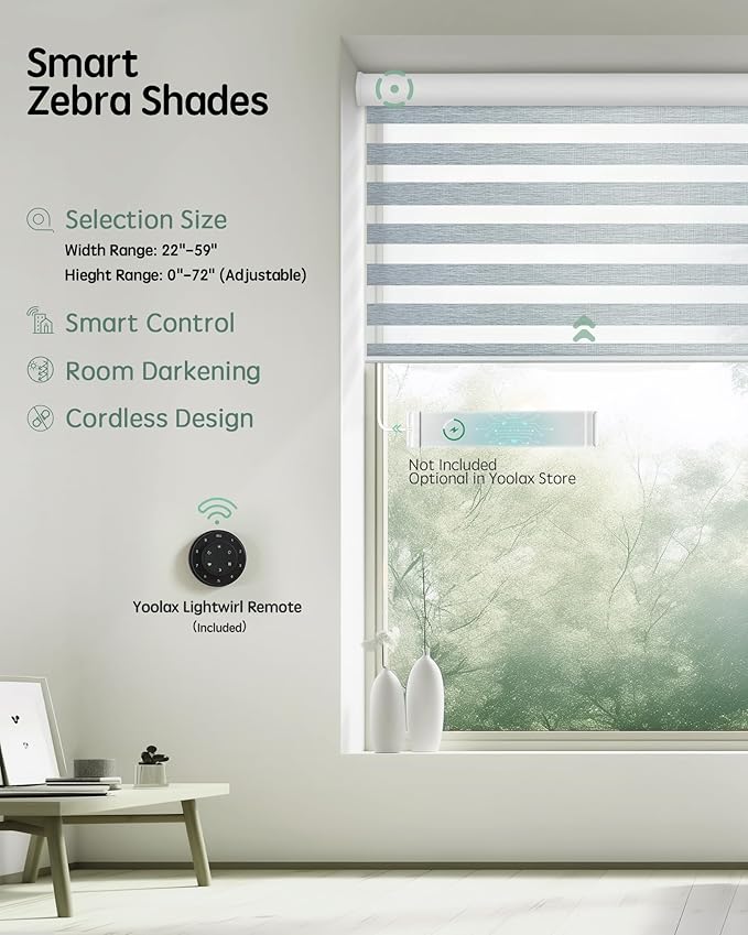 Yoolax Motorized Blinds with Remote, Electric Zebra Blinds for Indoor Windows, Room Darkening Smart Shades with Voice Control, Compatible with Alexa Google Home, APP Control, 40" W x 72" H, Grey