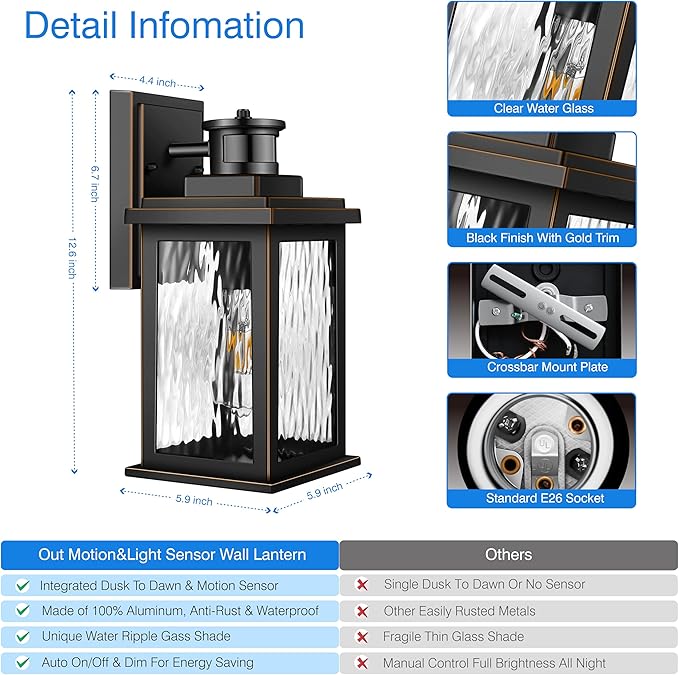 Motion Sensor Outdoor Lights Wall Mount, Dusk to Dawn Exterior Light Fixture ,100% Anti-Rust Aluminum Waterproof Porch Light Outside Wall Lights for House, Black Wall Sconce Lanterns with Water Glass…