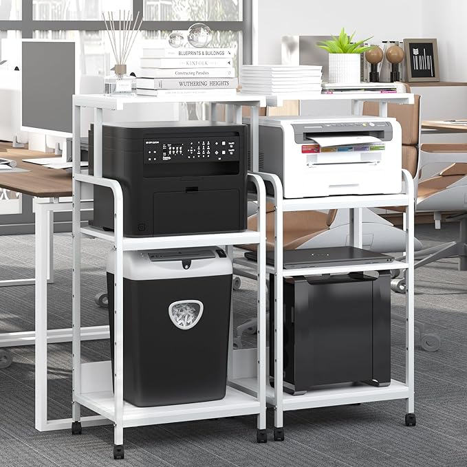 Arbuxzuy 4-Tier Printer Stand with Storage Shelf, Mobile Printer Table for Home Office, Adjustable Stand for Printer, Scanner, Fax (White)