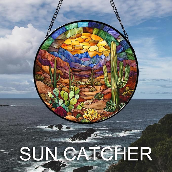 CRISGIF Stained Glass Window Hanging Cactus Mountains Landscape Large 15" - Suncatcher Door Garden Sunroom Sun Catcher Home Decor Birthday Christmas for Mom Men Woman Nana