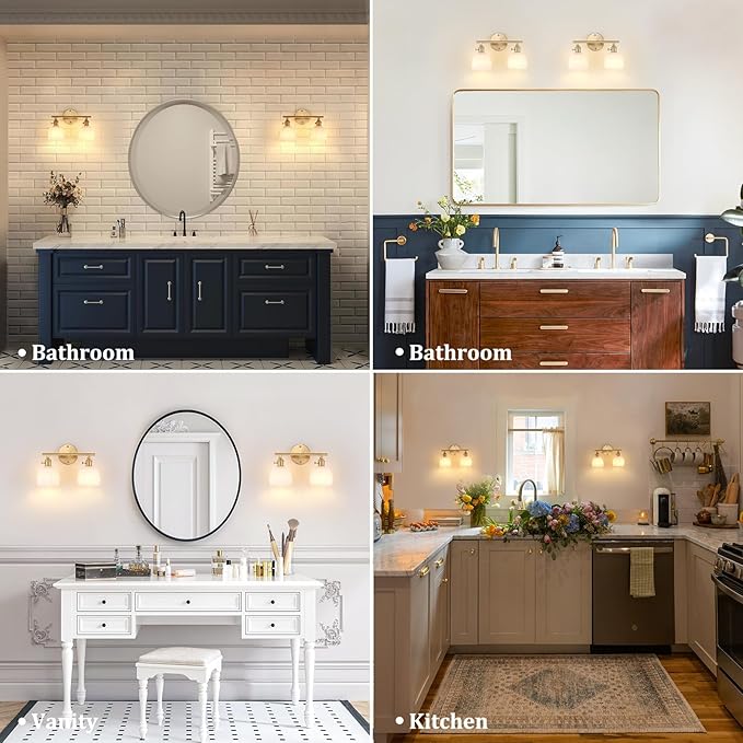 Shenmoyl Bathroom Light Fixtures, 2-Light Brass Vanity Wall Light Over Mirror with White Tulip Glass Shade for Bedroom Living Room (Bulb Not Included)